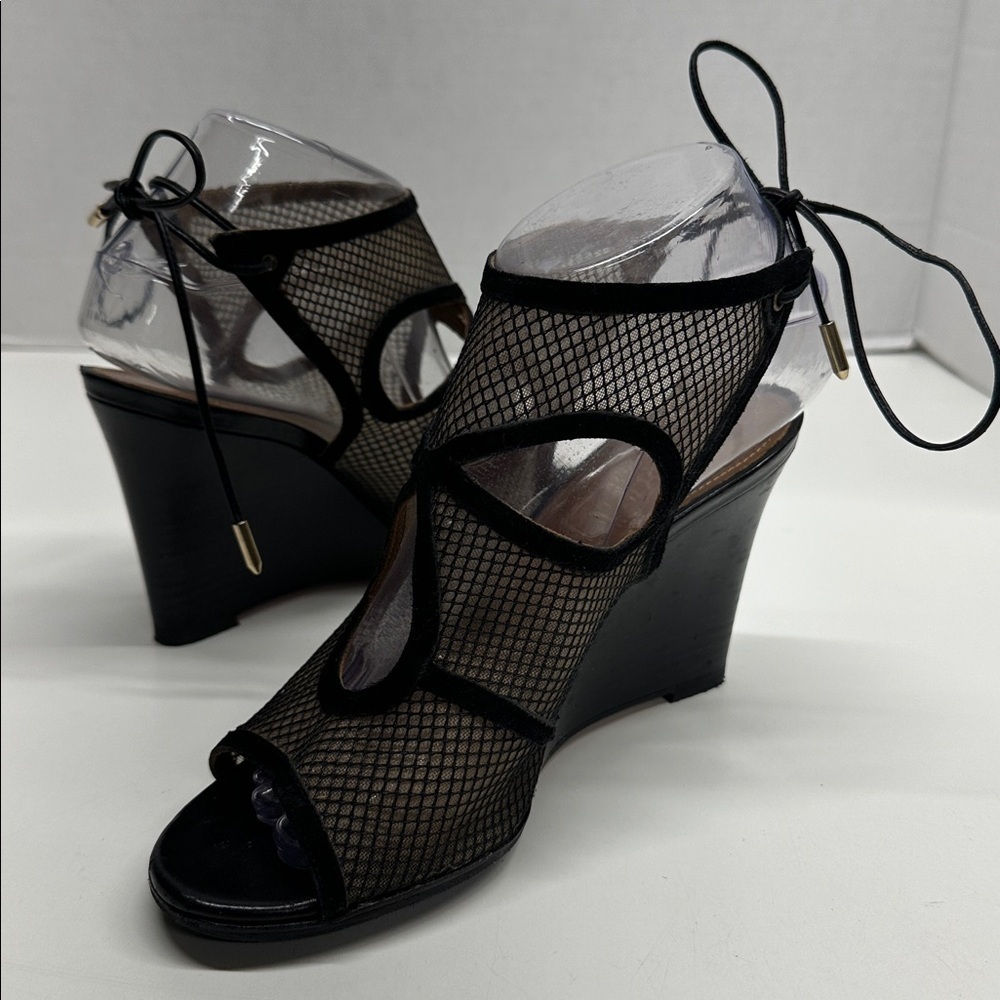Aquazzura Sexy Thing Suede Wedges Heeled Sandals Open Toe Mesh Black Size 7.5